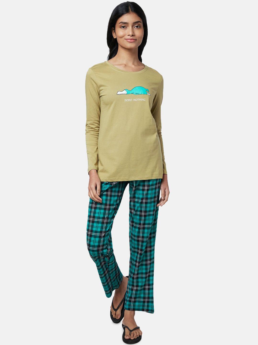 dreamz-by-pantaloons-women-khaki-&-green-night-suit