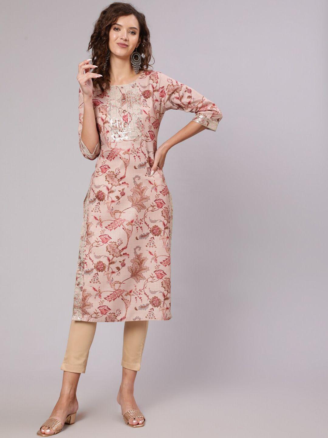 jaipur-kurti-women-beige-&-brown-floral-printed-thread-work-kurta