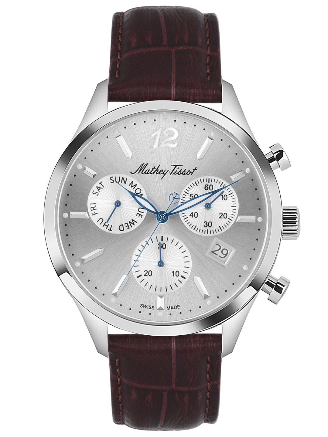 mathey-tissot-men-silver-toned-dial-&-brown-leather-textured-straps-analogue-watch