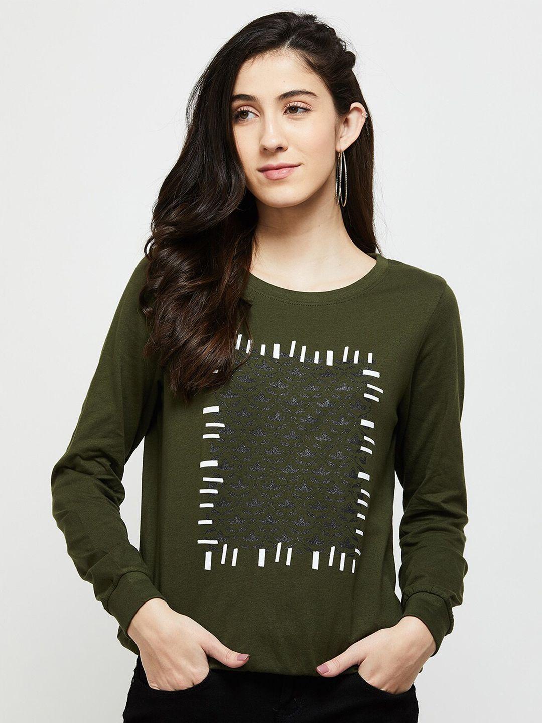 max-women-olive-green-printed-cotton-t-shirt