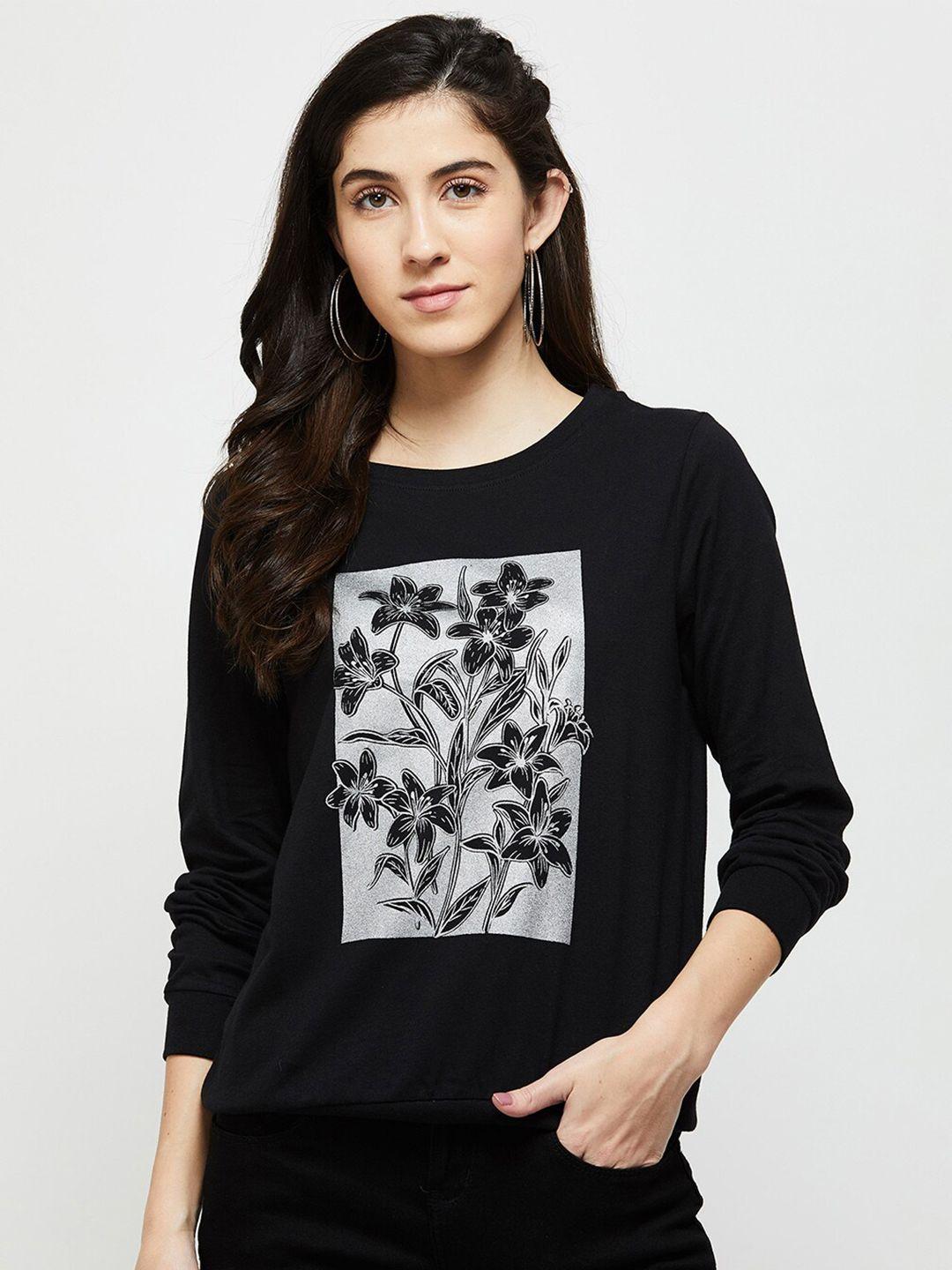 max-women-black-floral-printed-cotton-t-shirt