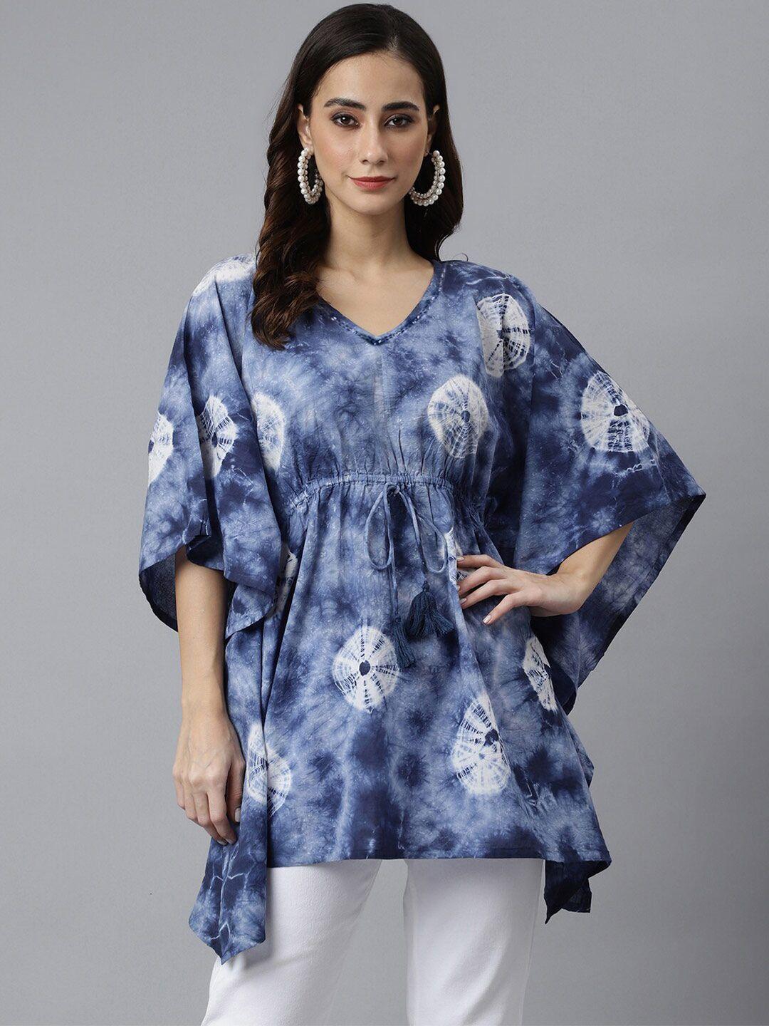 janasya-women-navy-blue-cotton-tie-dye-kaftan-kaftan-tunic