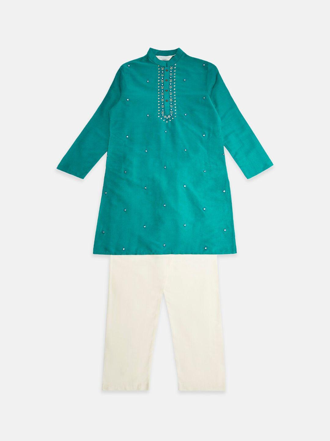 indus-route-by-pantaloons-boys-teal-green-&-white-embroidered-kurta-with-pyjama