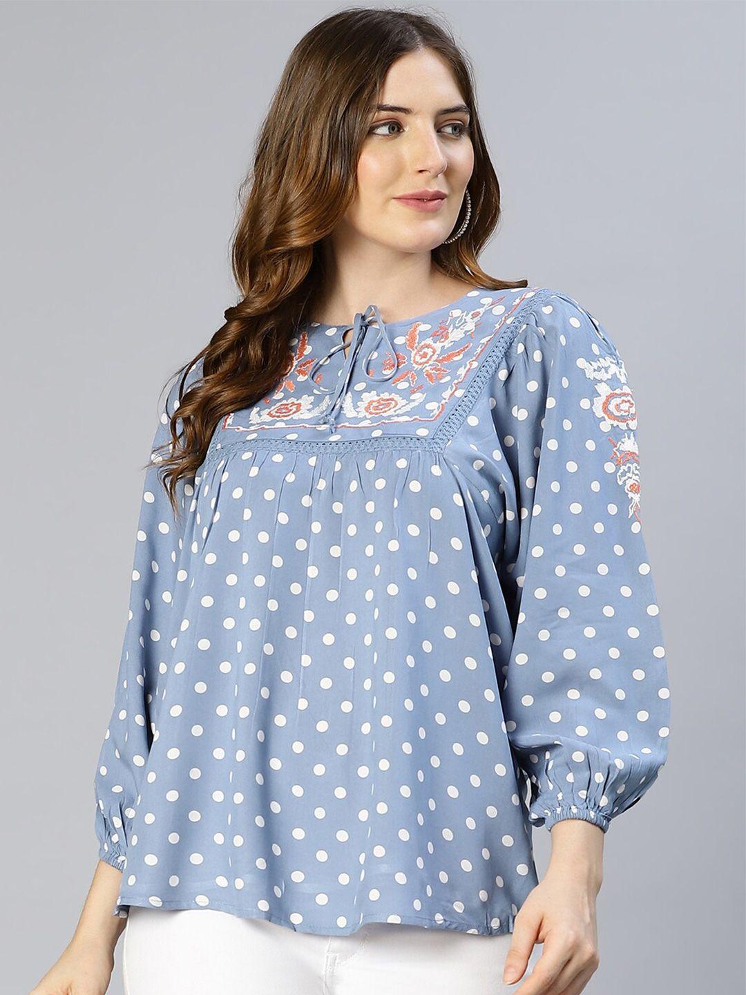 oxolloxo-women-blue-polka-dot-printed-tie-up-neck-top