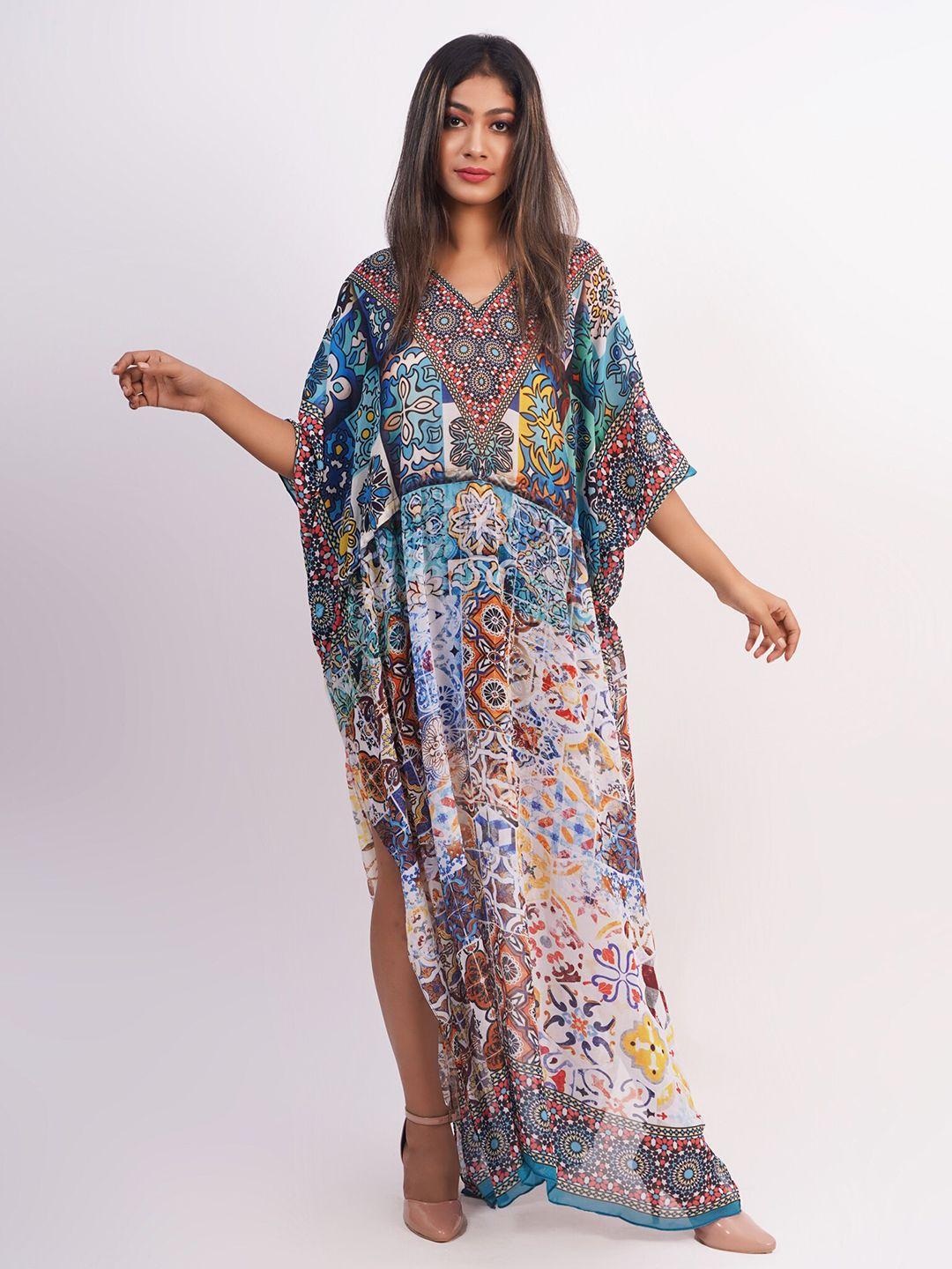 rajoria-instyle-blue-&-white-tribal-print-georgette-ethnic-kaftan-maxi-dress