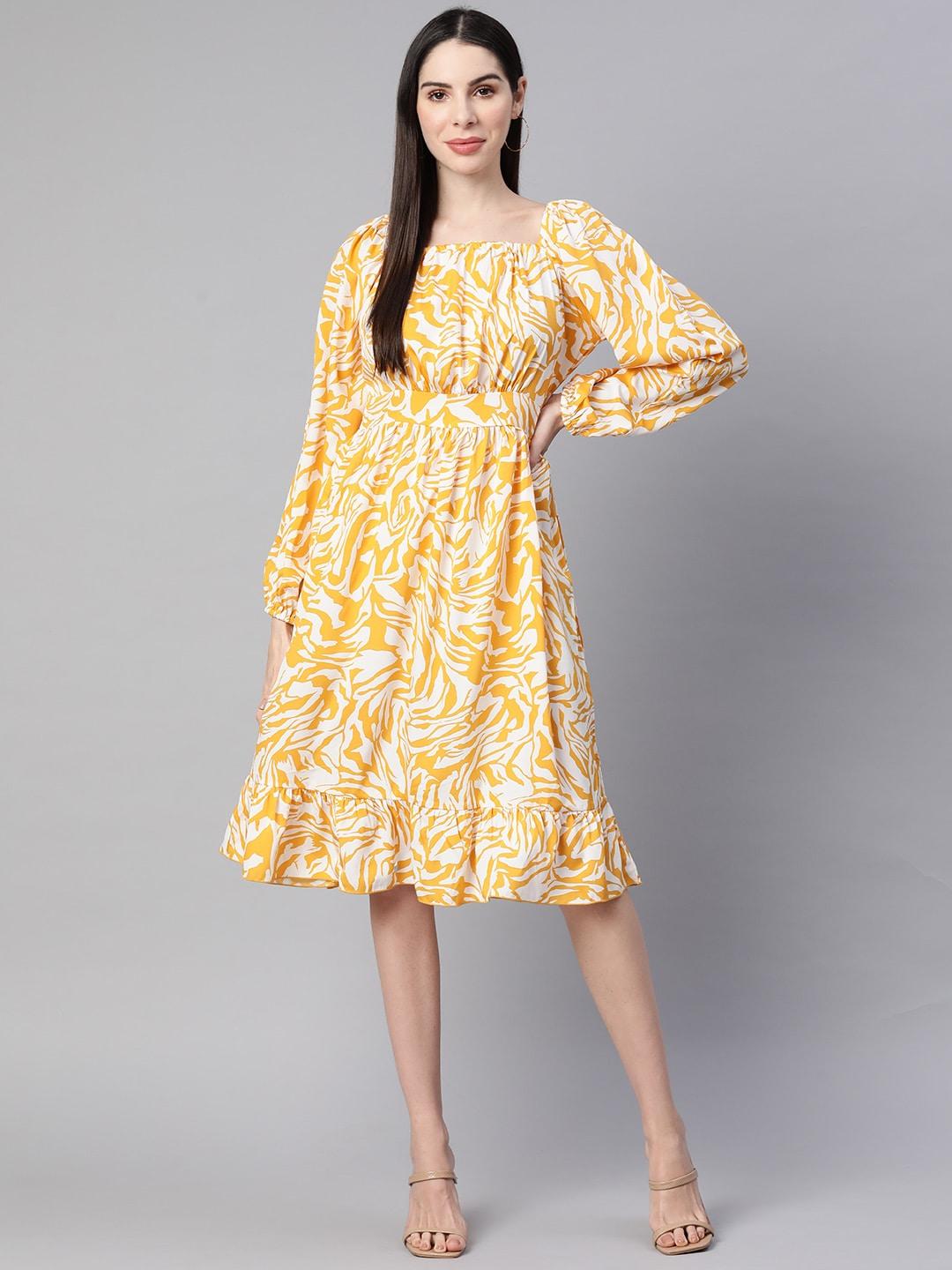 pluss-white-&-mustard-yellow-printed-fit-&-flare-dress