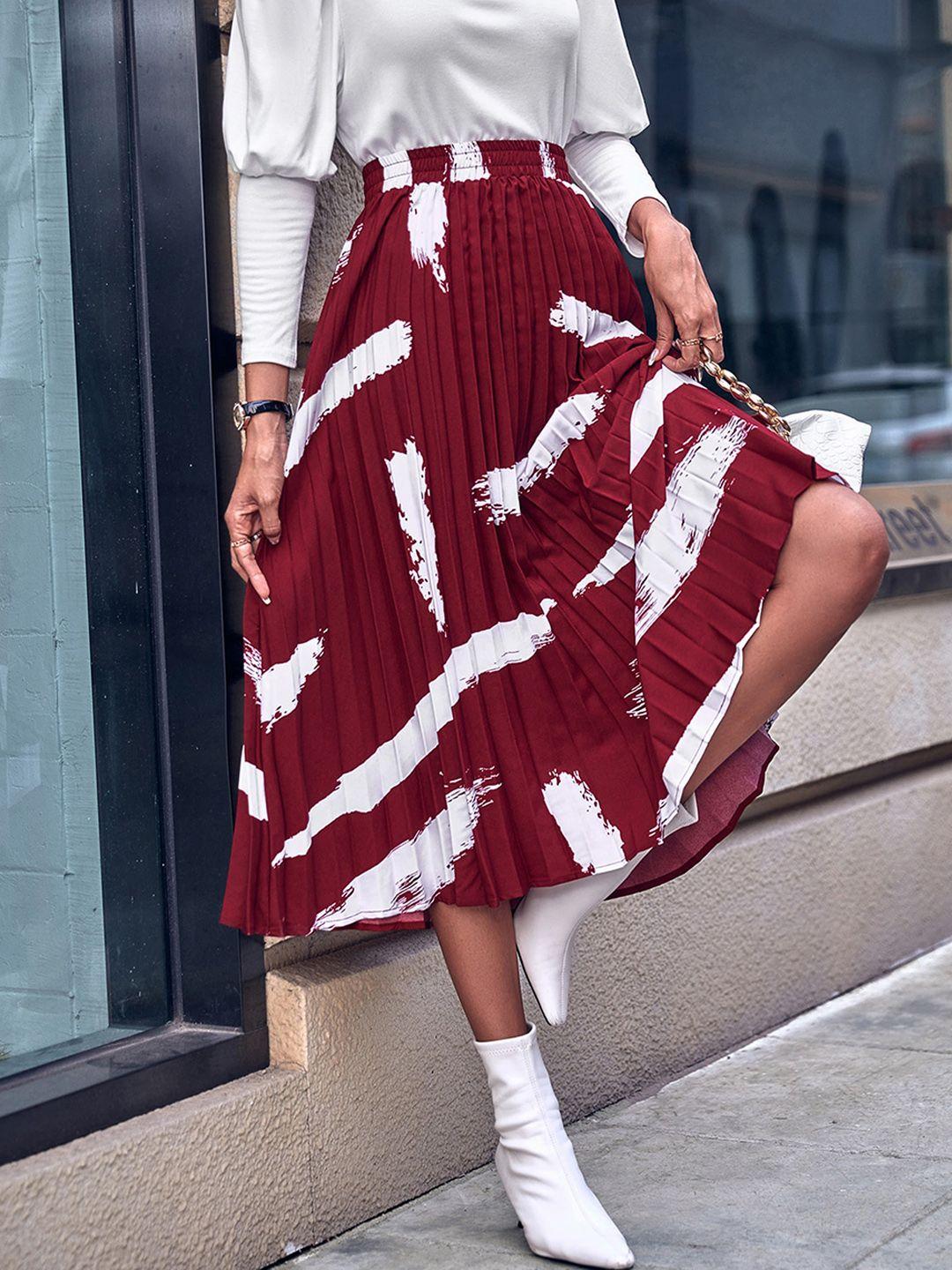 bostreet-women-maroon-&-white-printed--above-knee-length-a-line-skirt