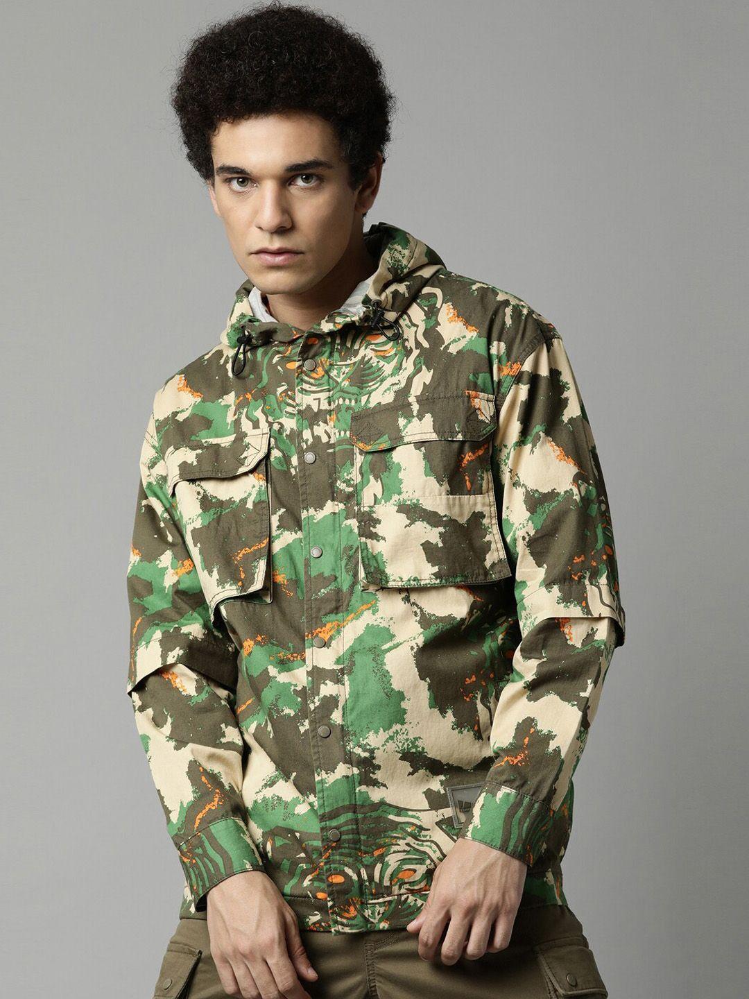 breakbounce-men-olive-green-&-beige-camouflage-cotton-hooded-tailored-jacket