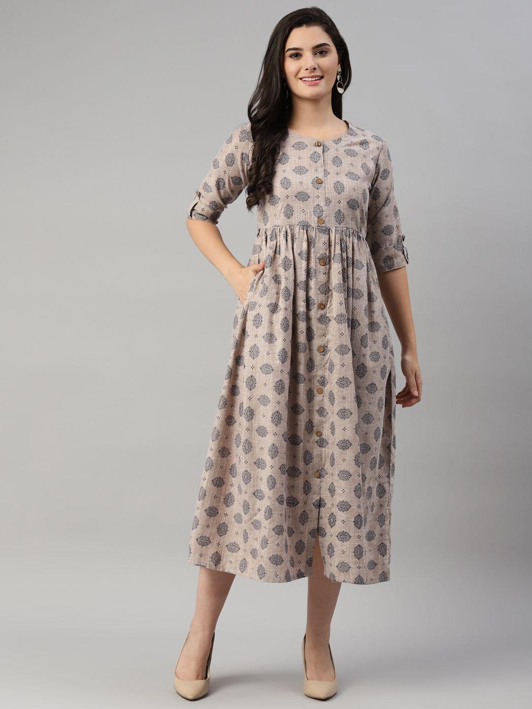 here&now-women-brown-&-grey-cotton-printed-midi-ethnic-dresses
