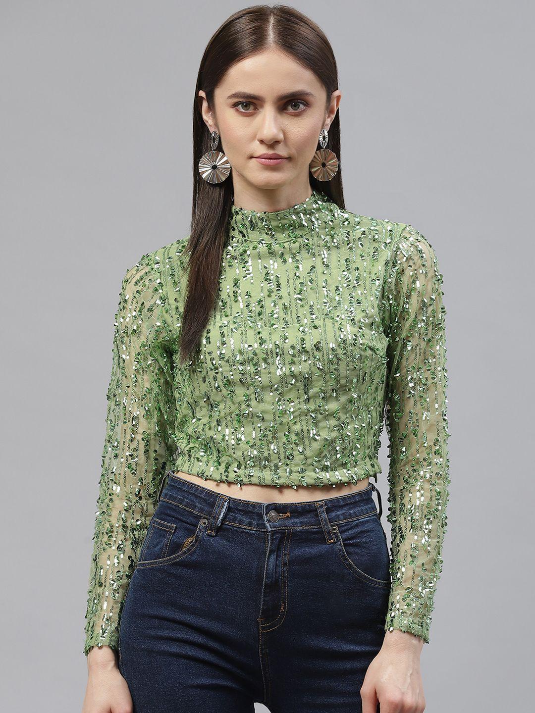 pluss-women-green-poly-georgette-sequined-high-neck-crop-top
