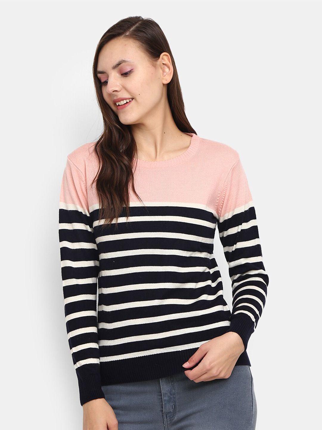 v-mart-women-pink-&-black-striped-round-neck-pullover