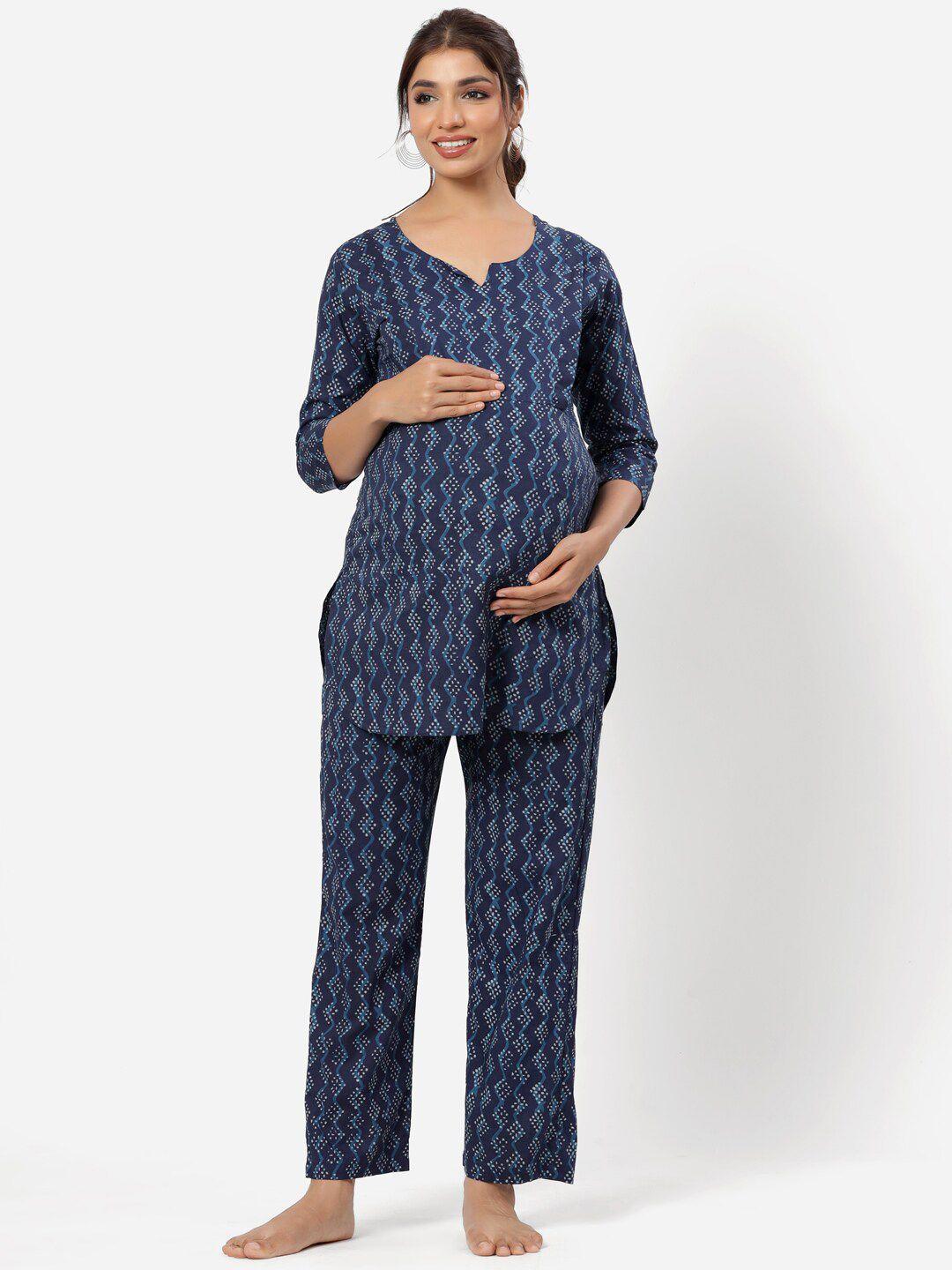 crafiqa-women-blue-printed-pure-cotton-maternity-&-nursing-night-suit