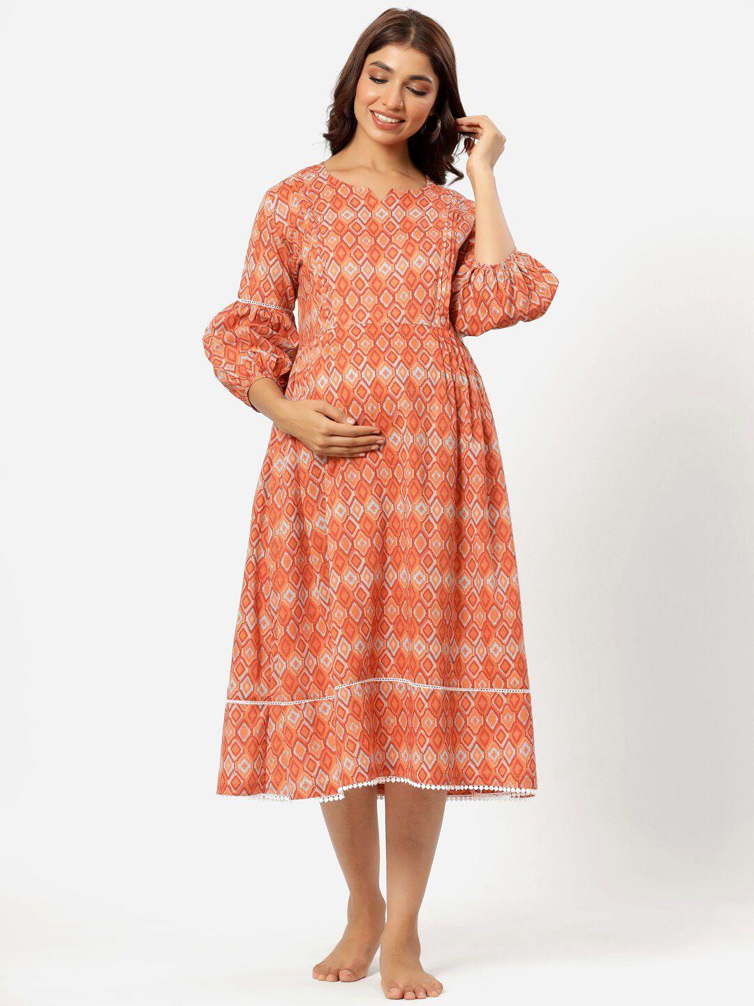 ikk-kudi-by-seerat-peach-coloured-ethnic-motifs-maternity-&-nursing-cotton-midi-dress