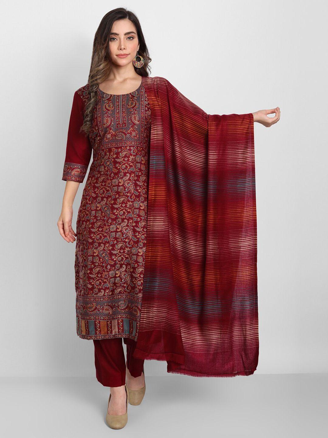 zamour-women-maroon-&-teal-woven-design-unstitched-dress-material