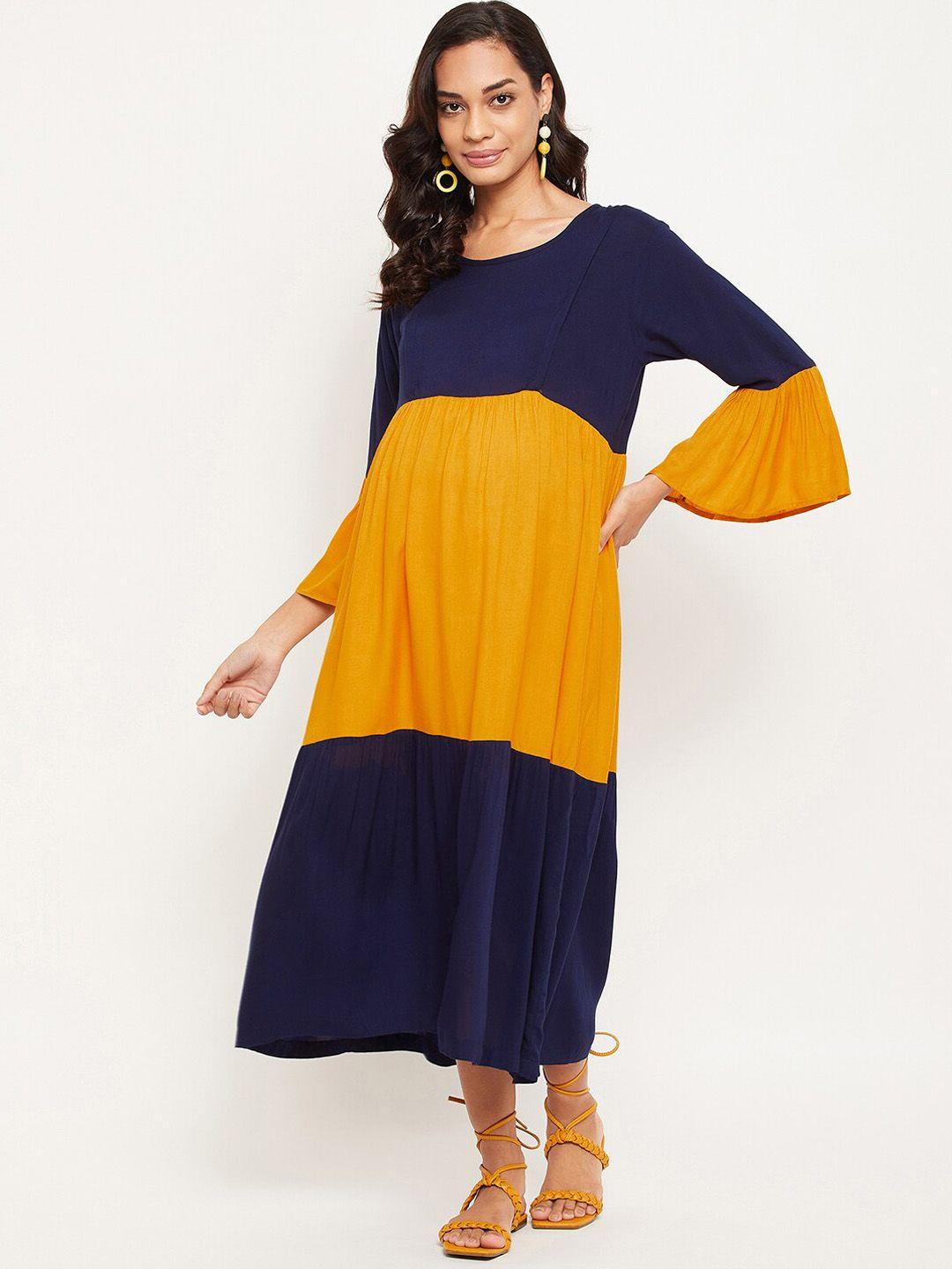 nabia-maternity-women-blue-&-yellow-colourblocked-midi-dress