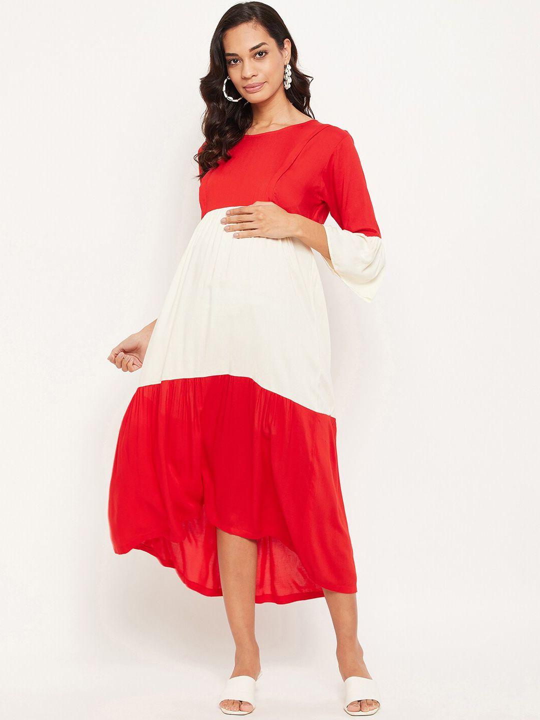 nabia-women-red-&-white-colourblocked-maternity-midi-dress