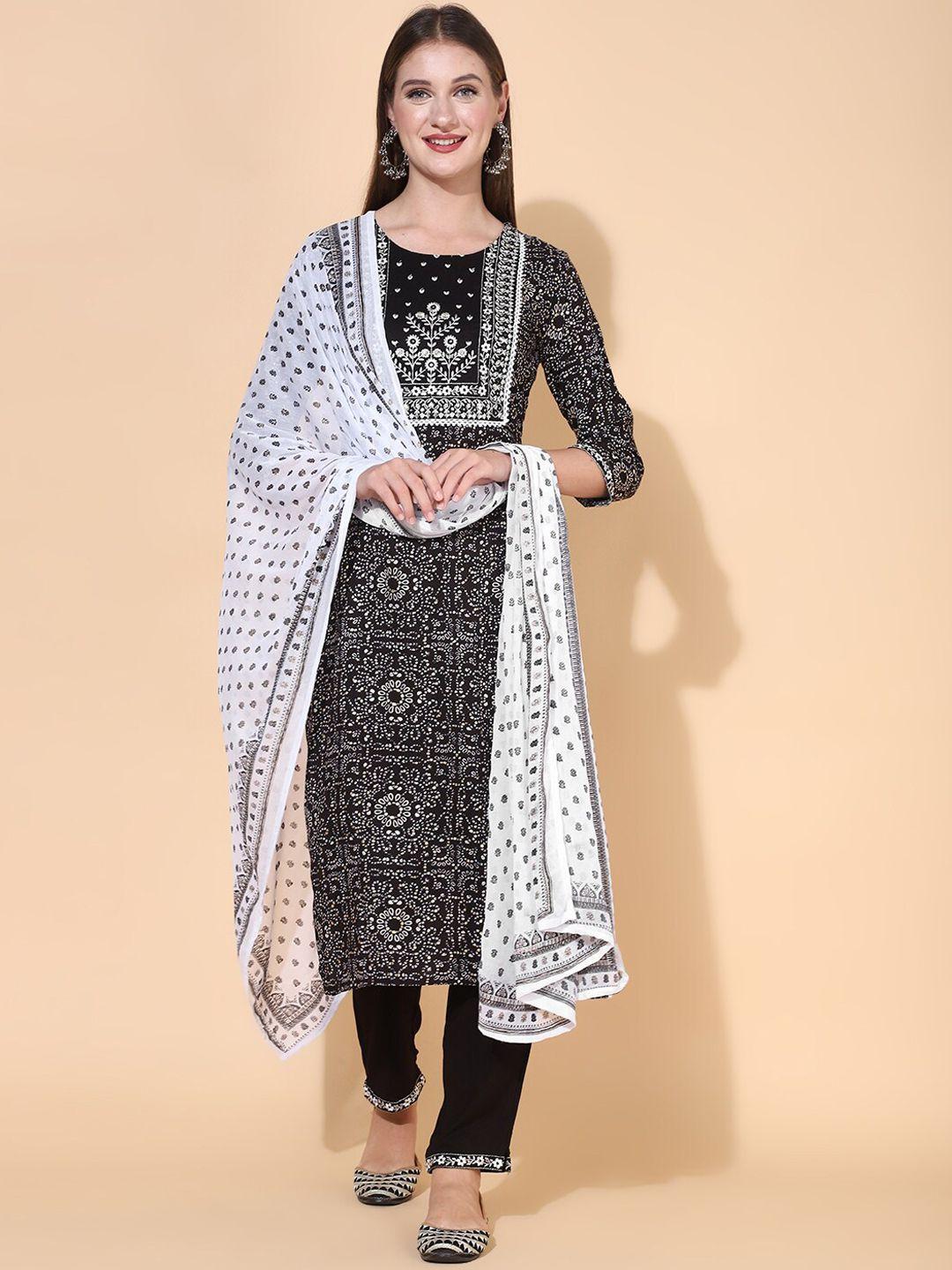 fashor-women-black-&-white-embroidered-straight-kurta-with-trousers-&-with-dupatta