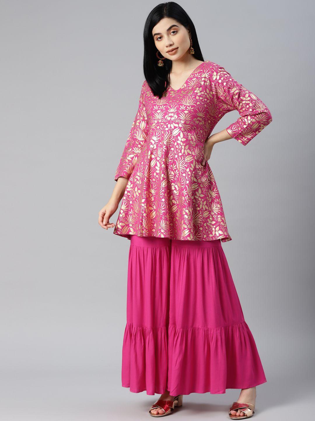 mbe-women-pink-&-golden-ethnic-motifs-printed-pleated-kurti-with-sharara