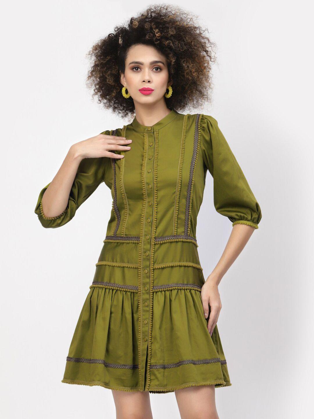 lela-women-olive-green-drop-waist-mini-cotton-dress