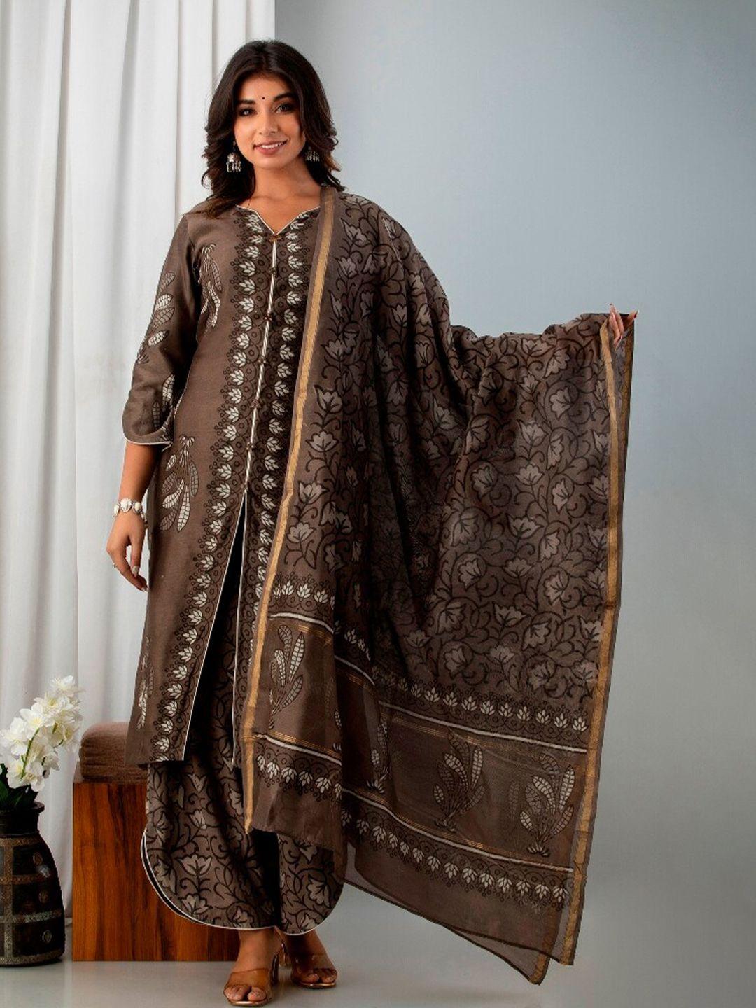 artizenweaves-women-3-piece-brown-&-gold-printed-chanderi-silk-unstitched-dress-material