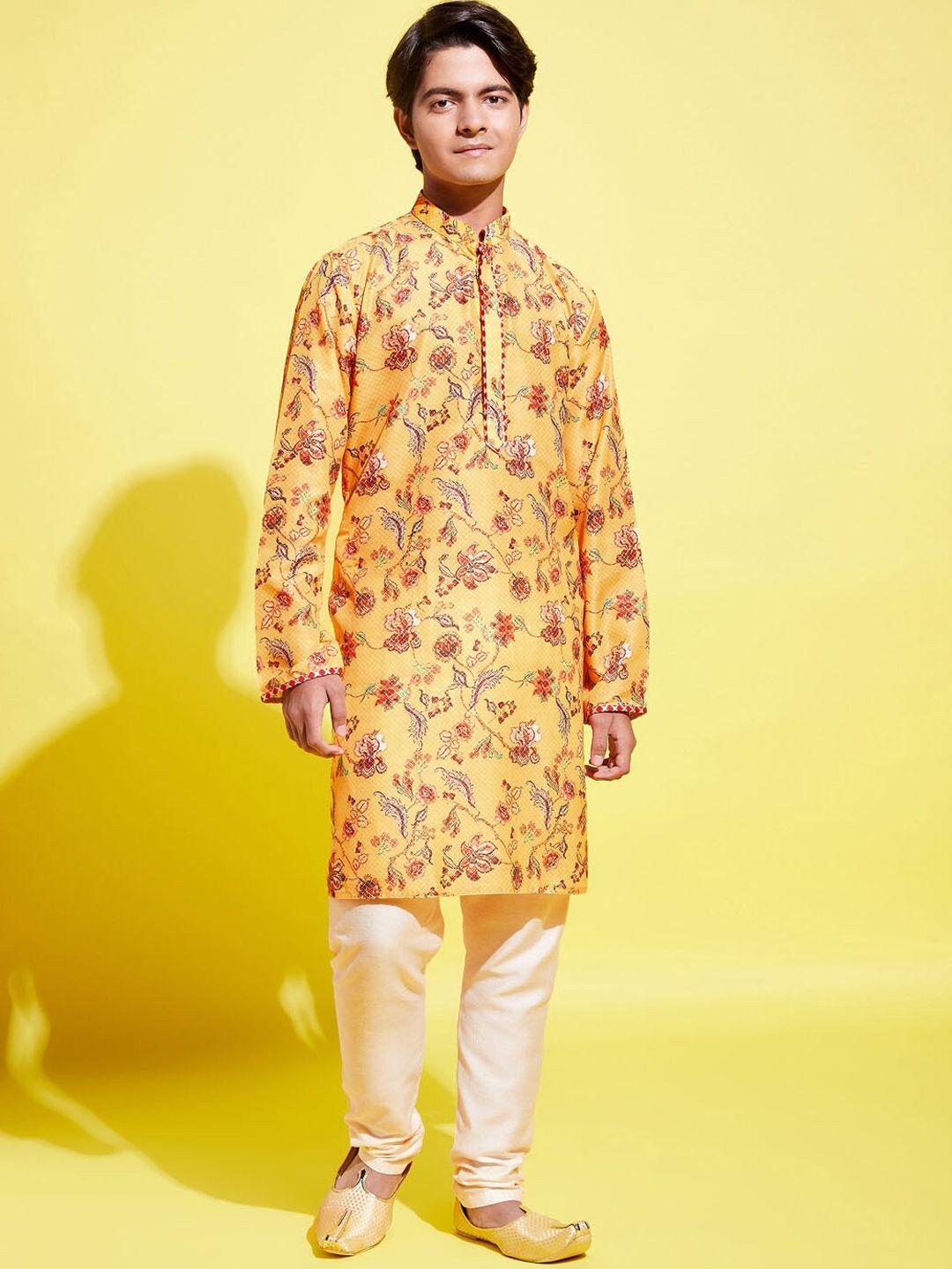 vastramay-yuva-boys-mustard-yellow-floral-printed-gotta-patti-kurta-with-churidar