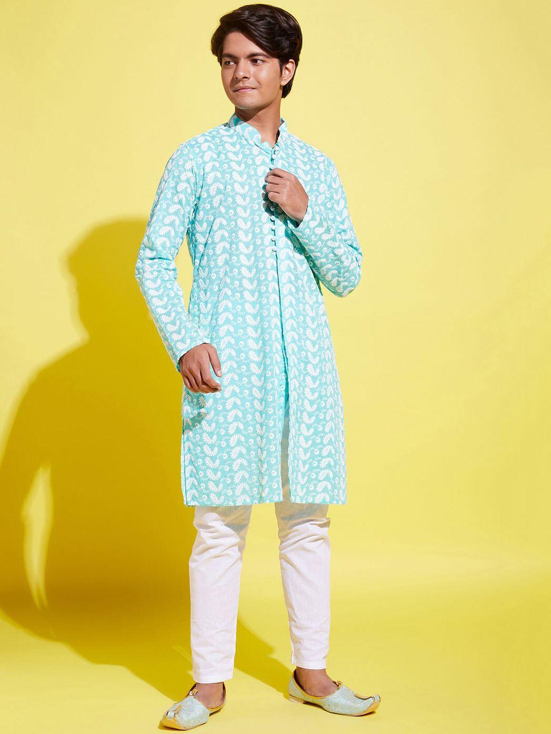 vastramay-yuva-teen-boys-green-&-white-paisley-chikankari-pure-cotton-kurta-with-pyjama