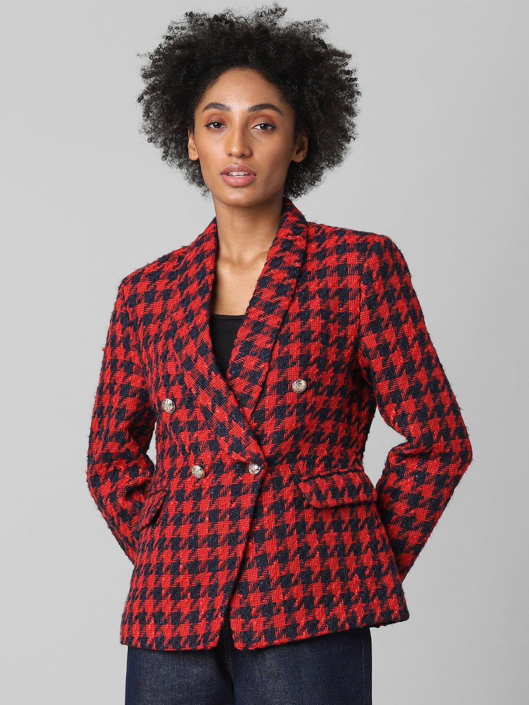 only-women-red-&-black-checked-double-breasted-blazer