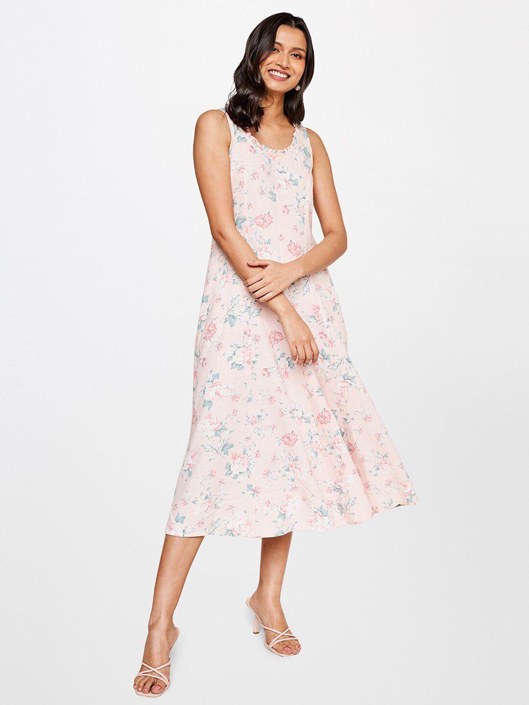 and-peach-coloured-floral-linen-a-line-midi-dress