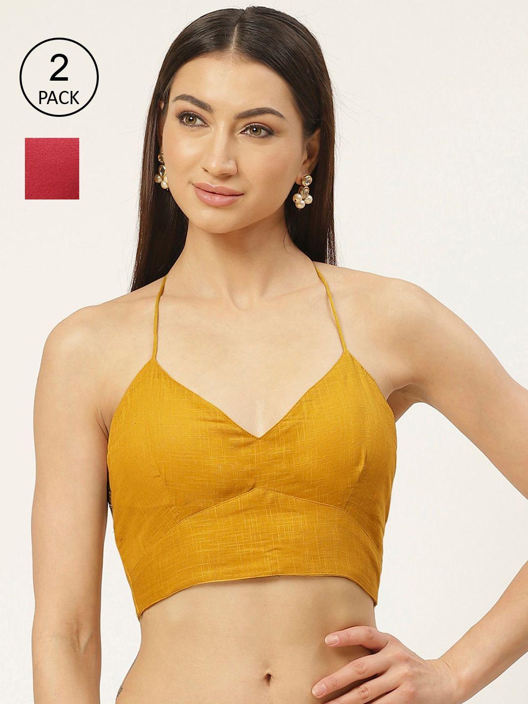 molcha-women-pack-of-2-red-&-mustard-yellow-solid-pure-cotton-padded-saree-blouse