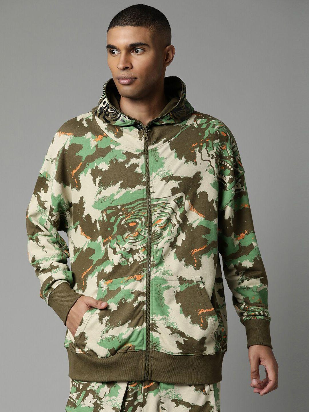 breakbounce-men-olive-green-&-beige-camouflage-printed-cotton-hooded-bomber-jacket