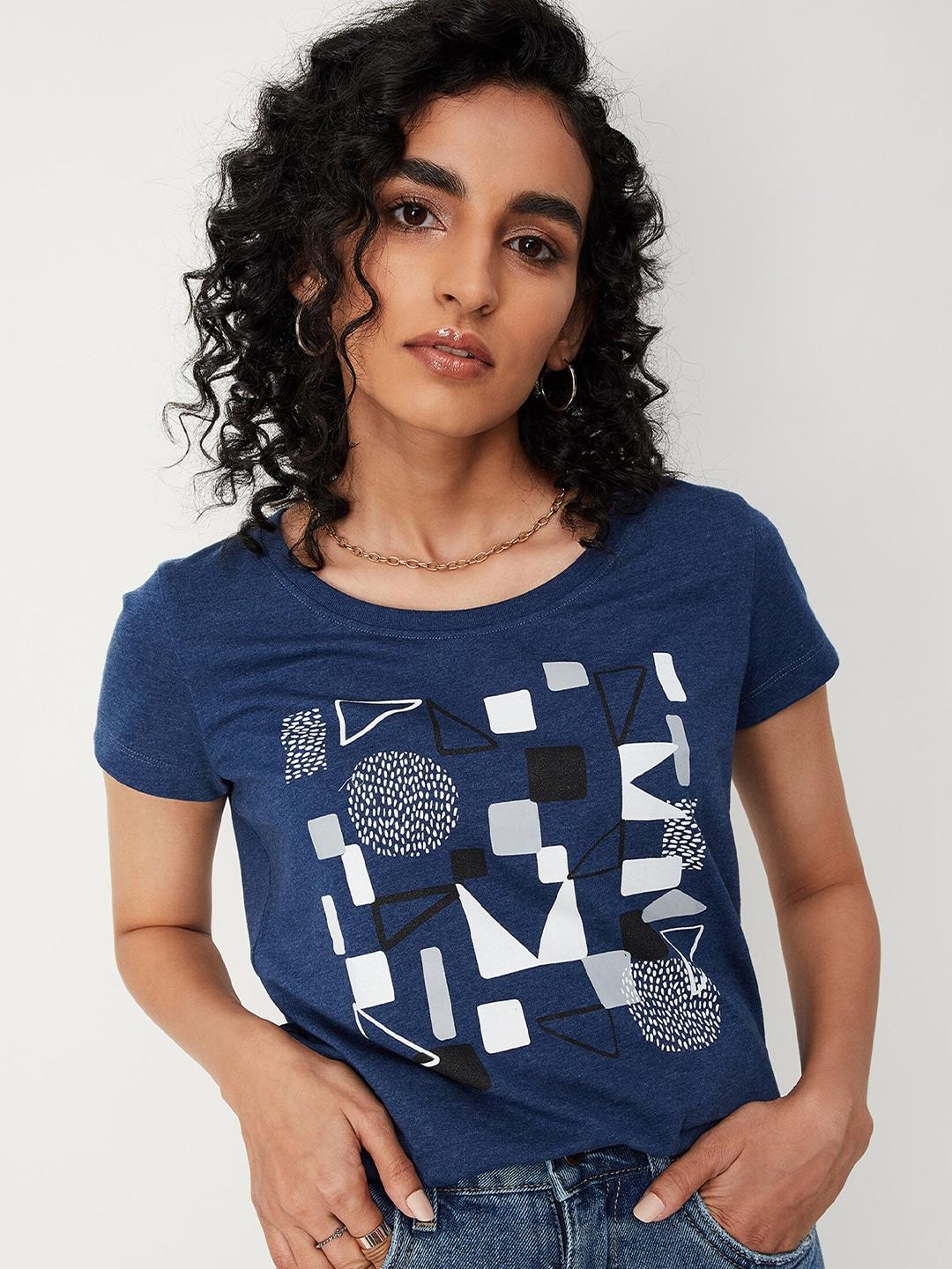 max-women-blue-printed-round-neck-cotton-t-shirt
