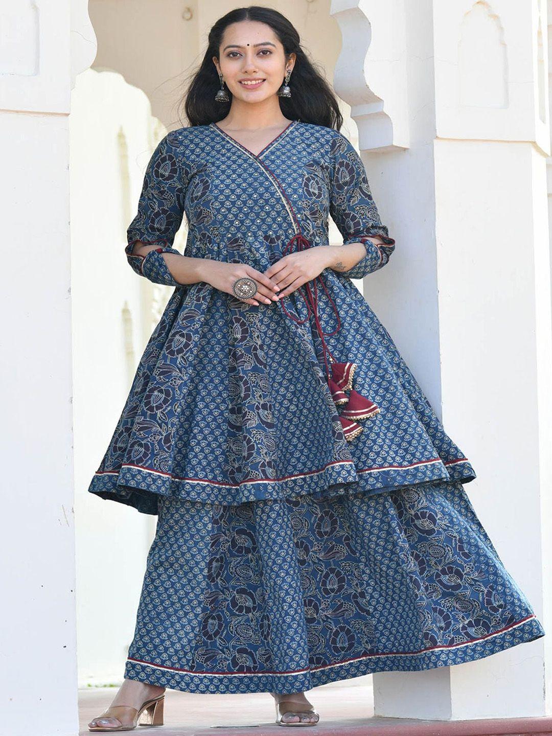 mulmul-by-arabella-women-navy-blue-floral-printed-angrakha-pure-cotton-kurta-with-palazzos
