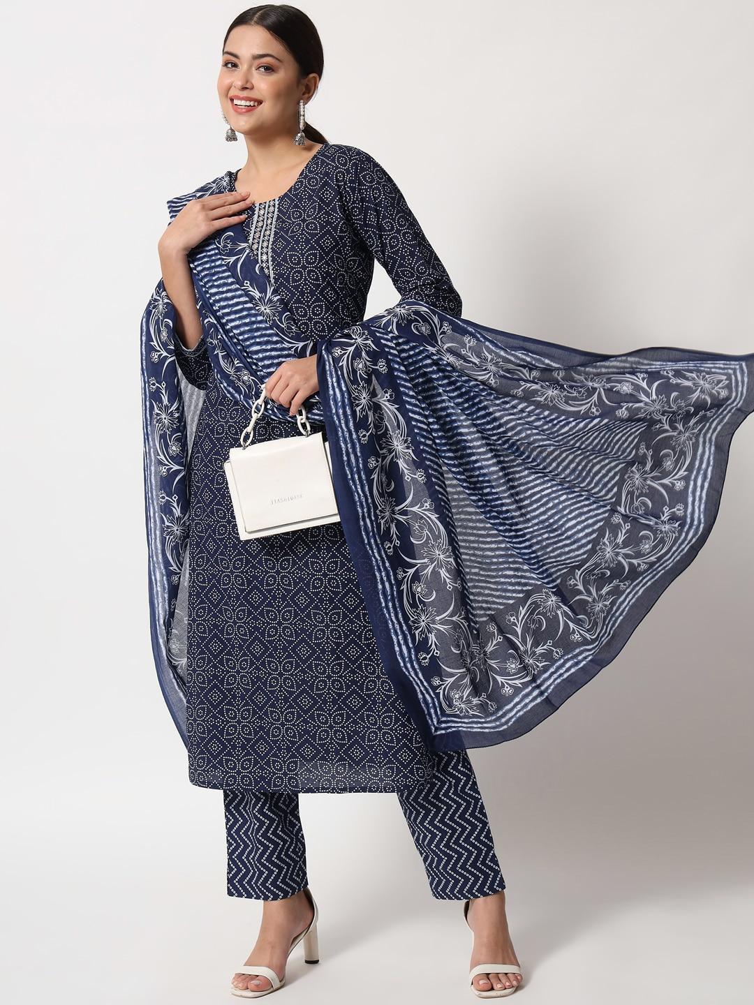 fiorra-women-blue-bandhani-printed-pure-cotton-kurta-with-trousers-&-with-dupatta