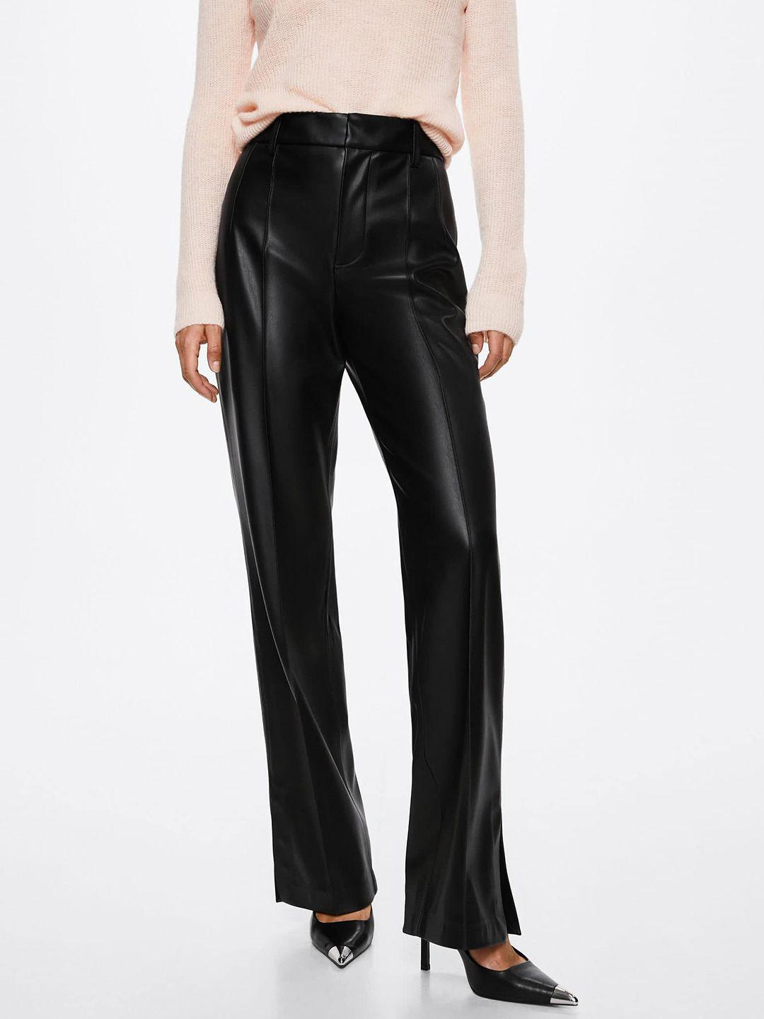mango-women-black-solid-straight-fit-high-rise-pleated-trousers