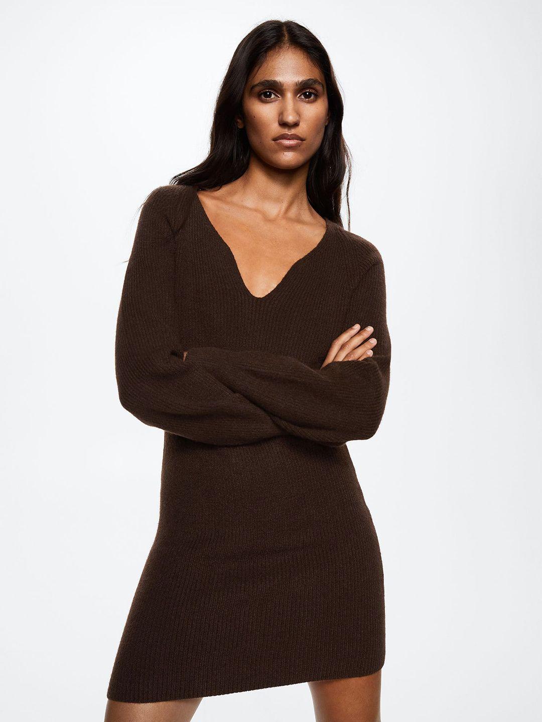mango-women-brown-ribbed-sweater-dress