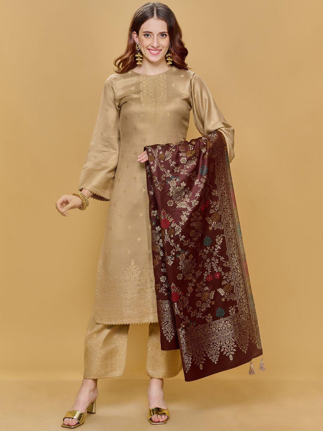 safaa-women-beige-&-brown-floral-woven-design-unstitched-dress-material