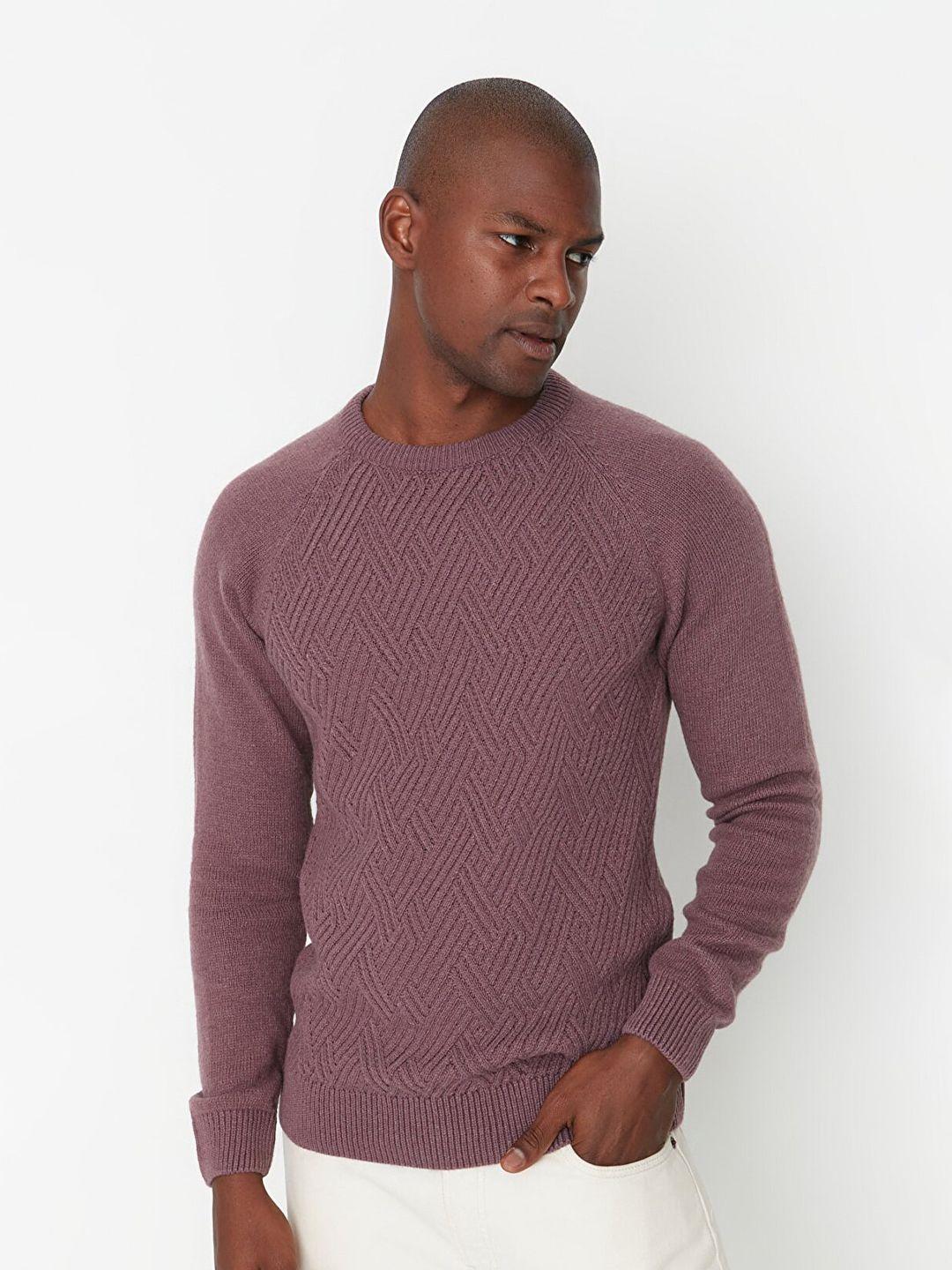 trendyol-men-mauve-self-design-pullover-acrylic-sweater