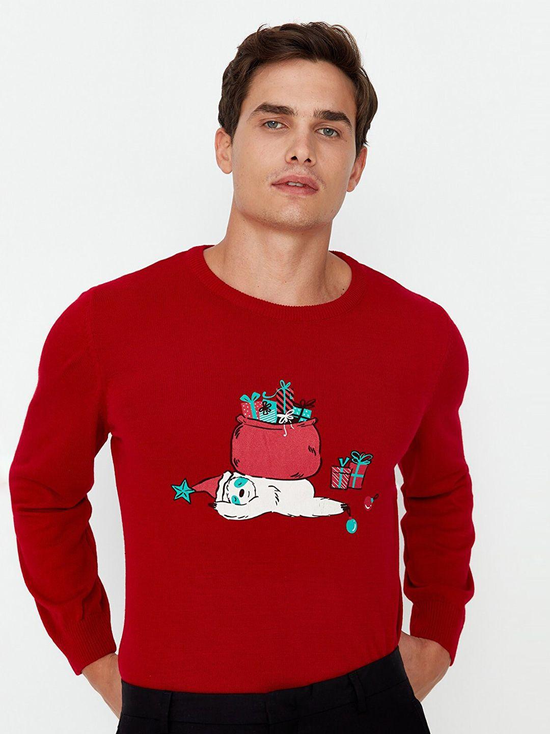 trendyol-men-red-graphic-printed-pullover-acrylic-sweater