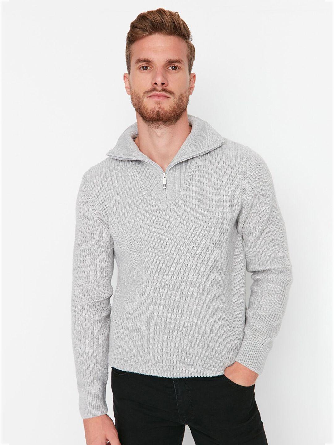 trendyol-men-grey-ribbed-pullover