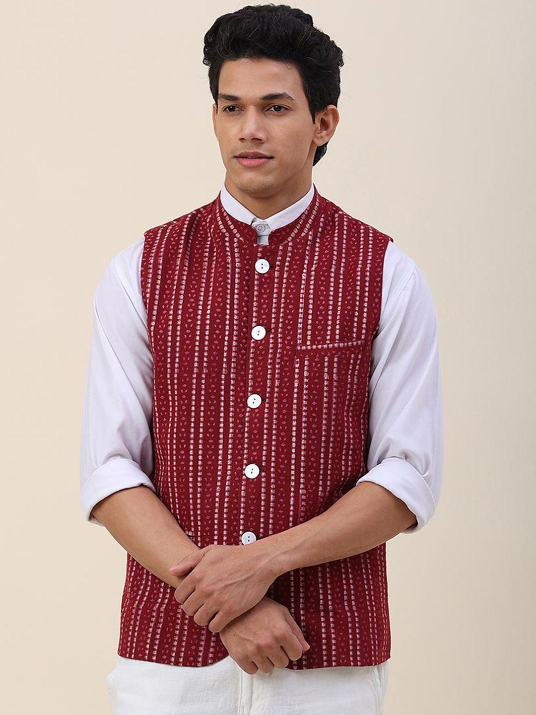 fabindia-men-maroon-woven-design-cotton-nehru-jackets