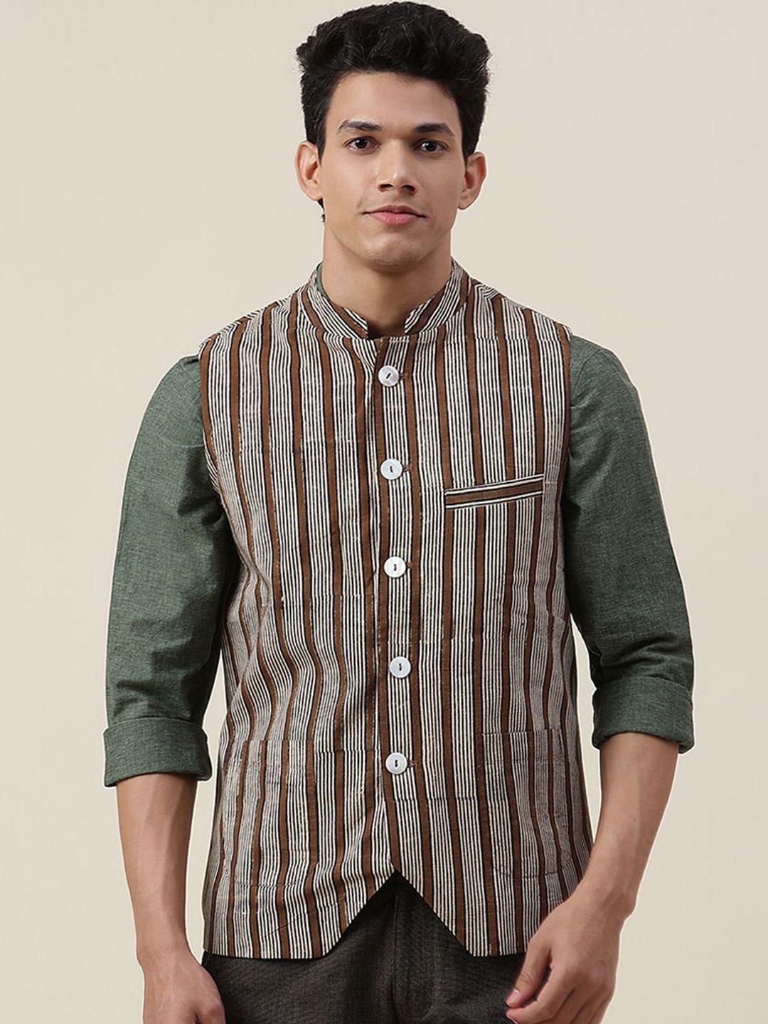 fabindia-men-brown-striped-cotton-nehru-jackets