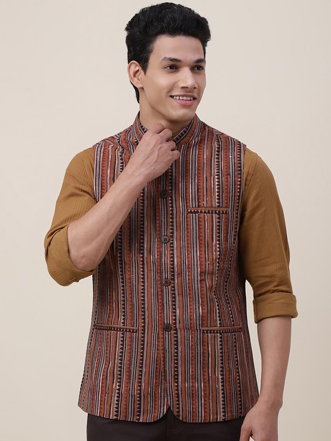 fabindia-men-brown-woven-design-cotton-nehru-jacket