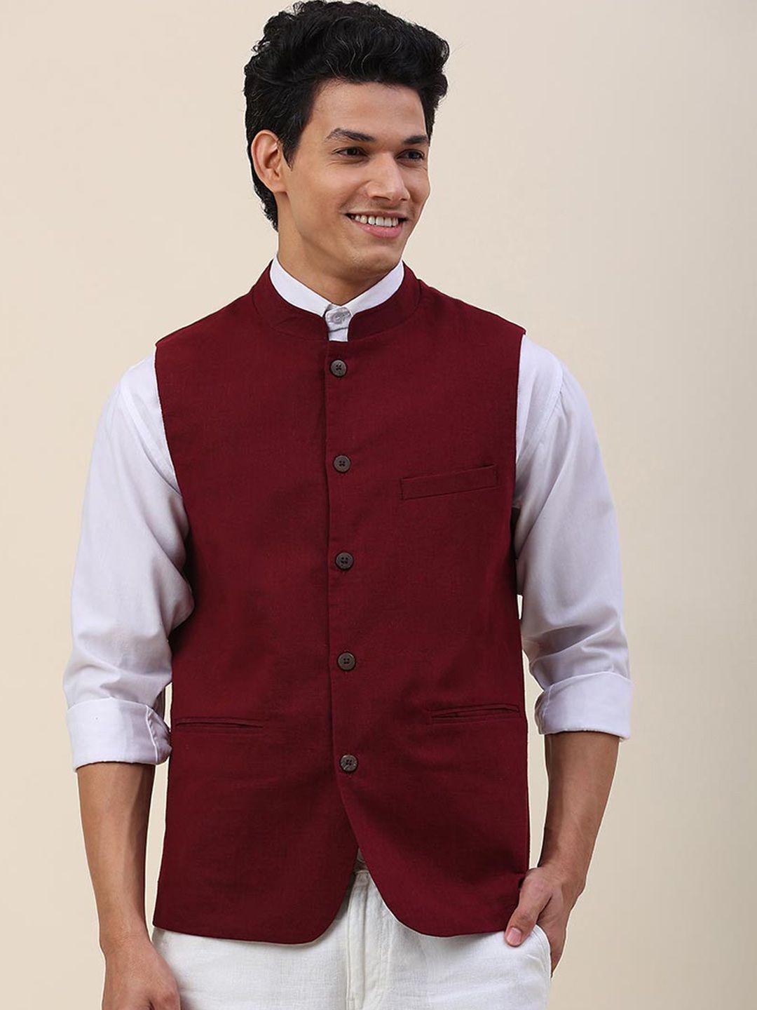 fabindia-men-maroon-solid-cotton-nehru-jackets