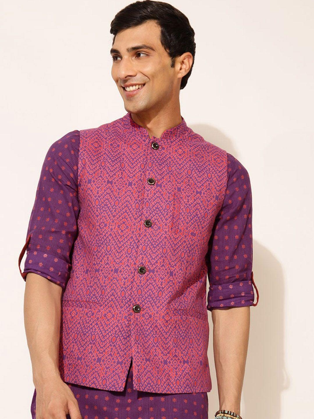 fabindia-men-purple-printed-pure-cotton-nehru-jackets