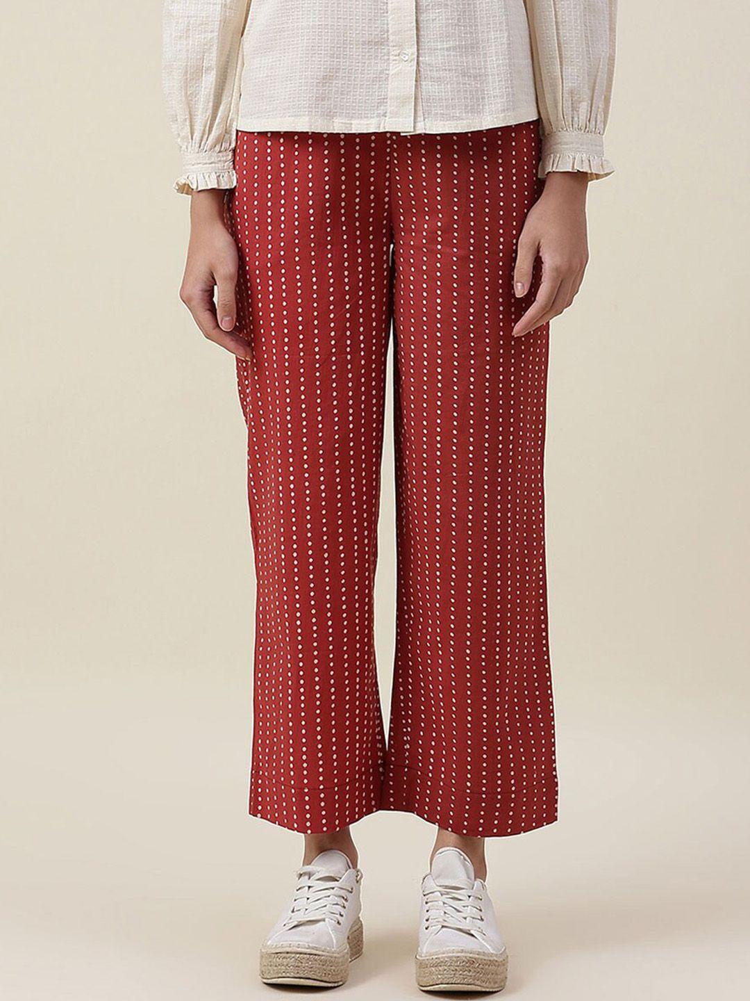 fabindia-women-maroon-printed-cotton-pleated-trousers