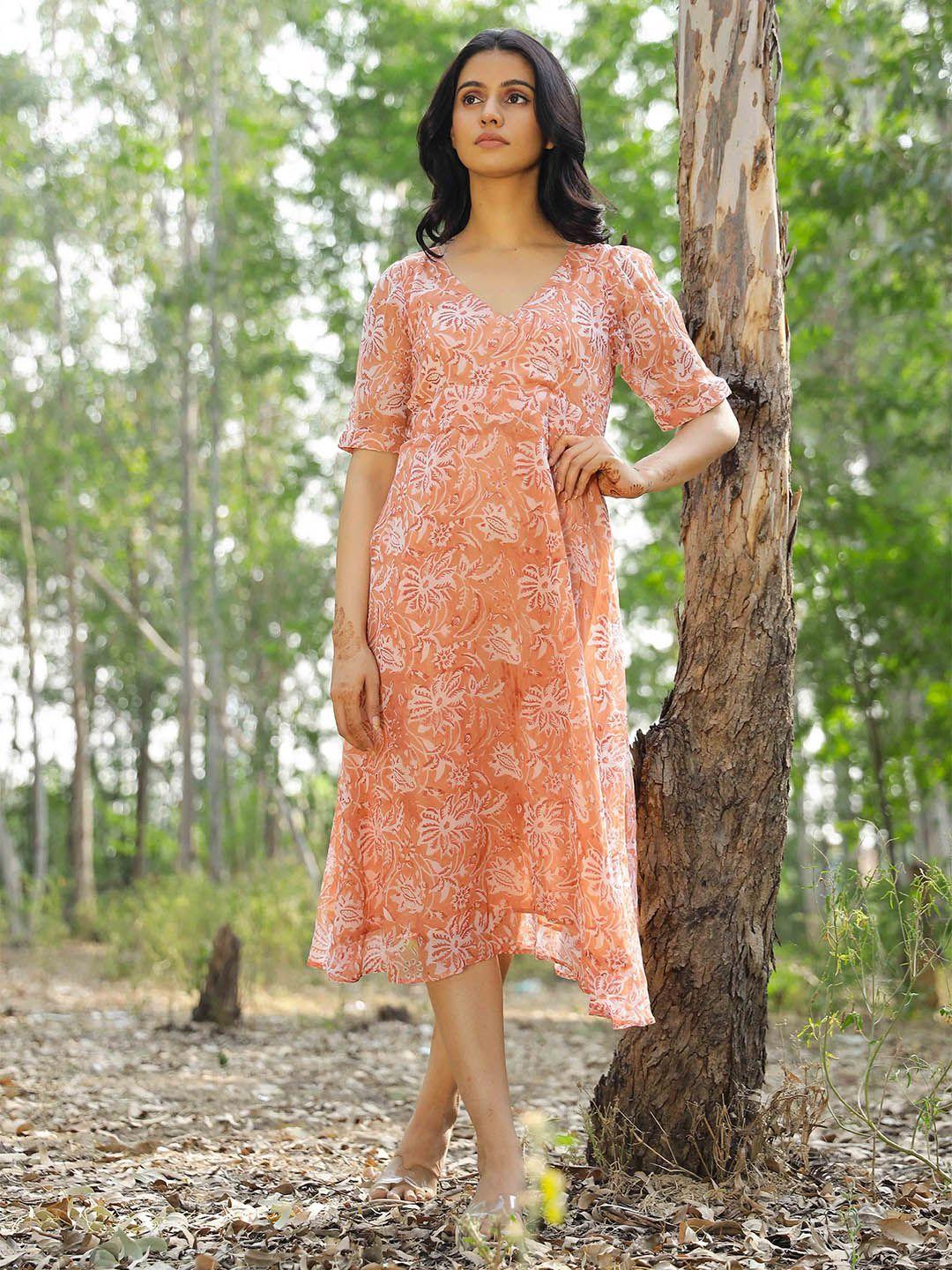 kapraaha-peach-coloured-floral-chiffon-a-line-midi-dress