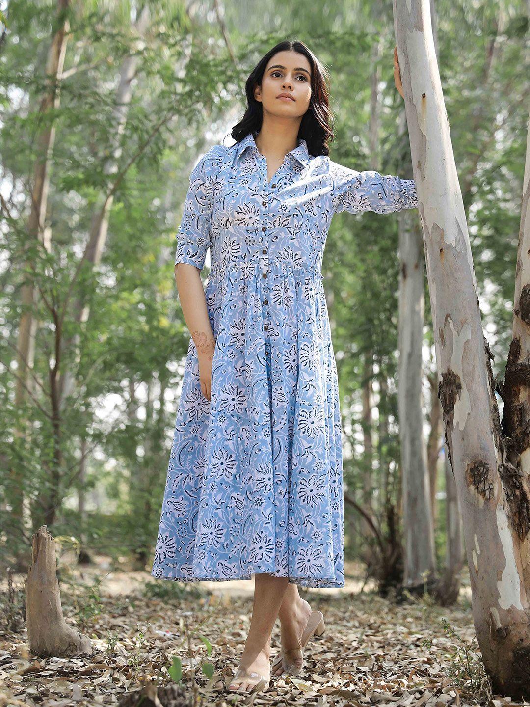 kapraaha-women-blue-floral-shirt-dress