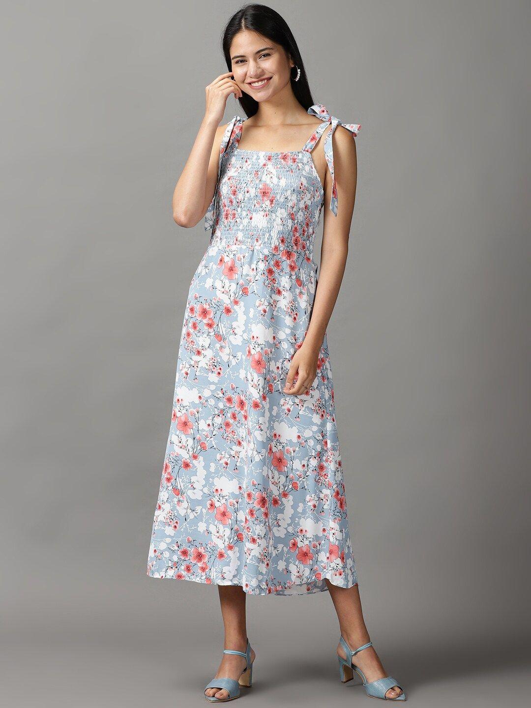 showoff-women-blue-&-coral-floral-printed-midi-dress