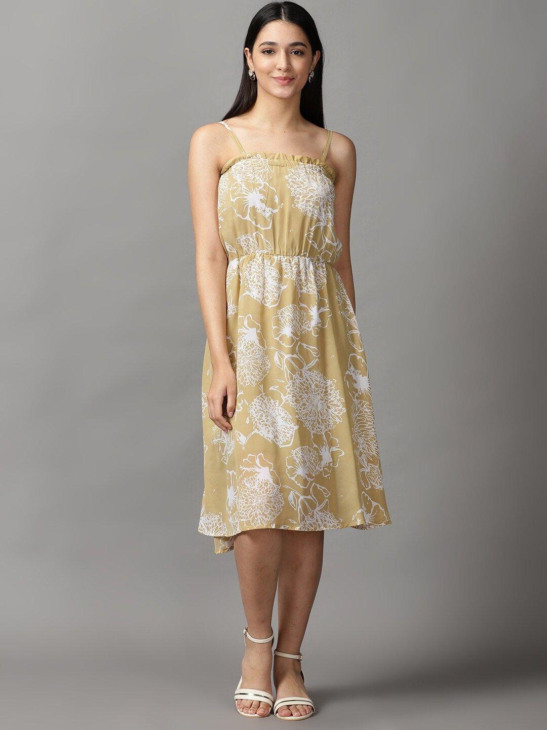 showoff-women-yellow-floral-off-shoulder-a-line-dress