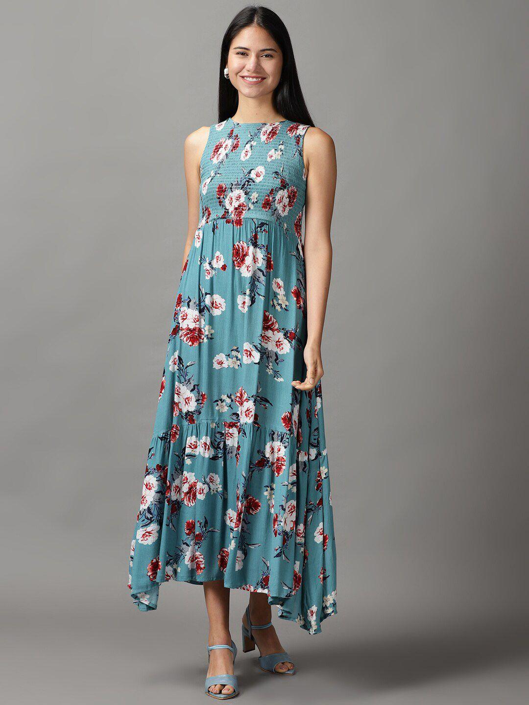 showoff-women-teal-&-white-floral-maxi-dress